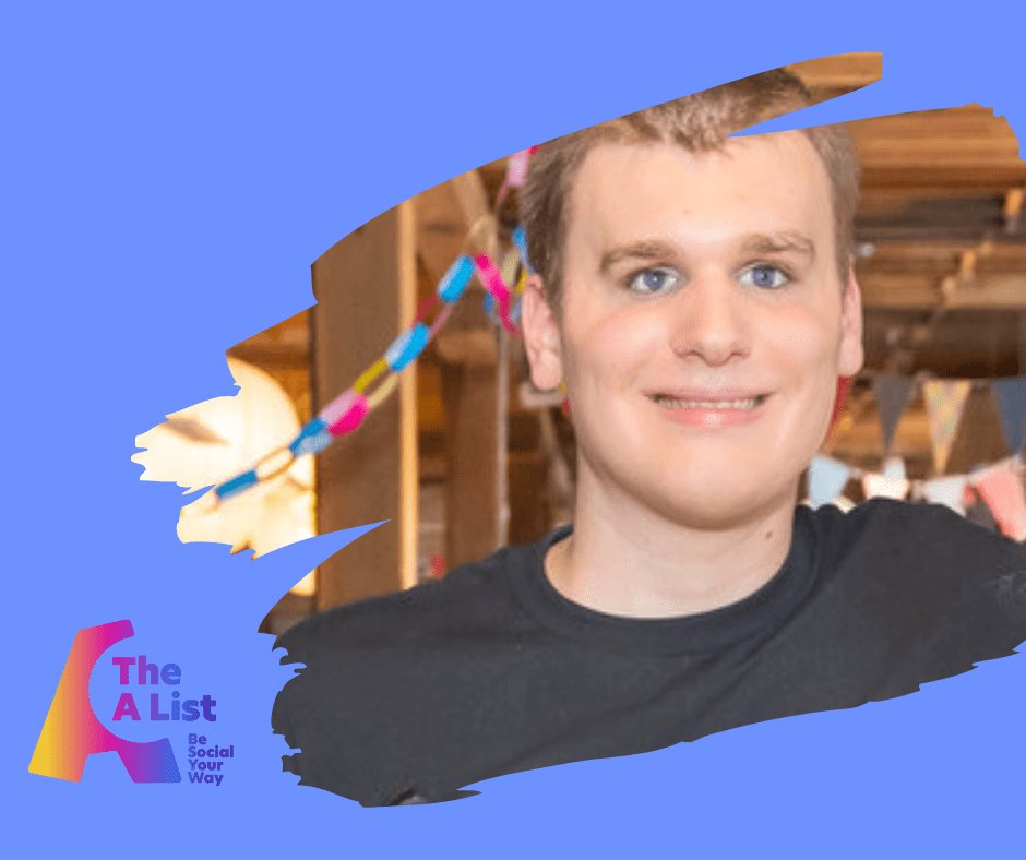 A photo of Sam smiling on top of a blue background with The A List logo