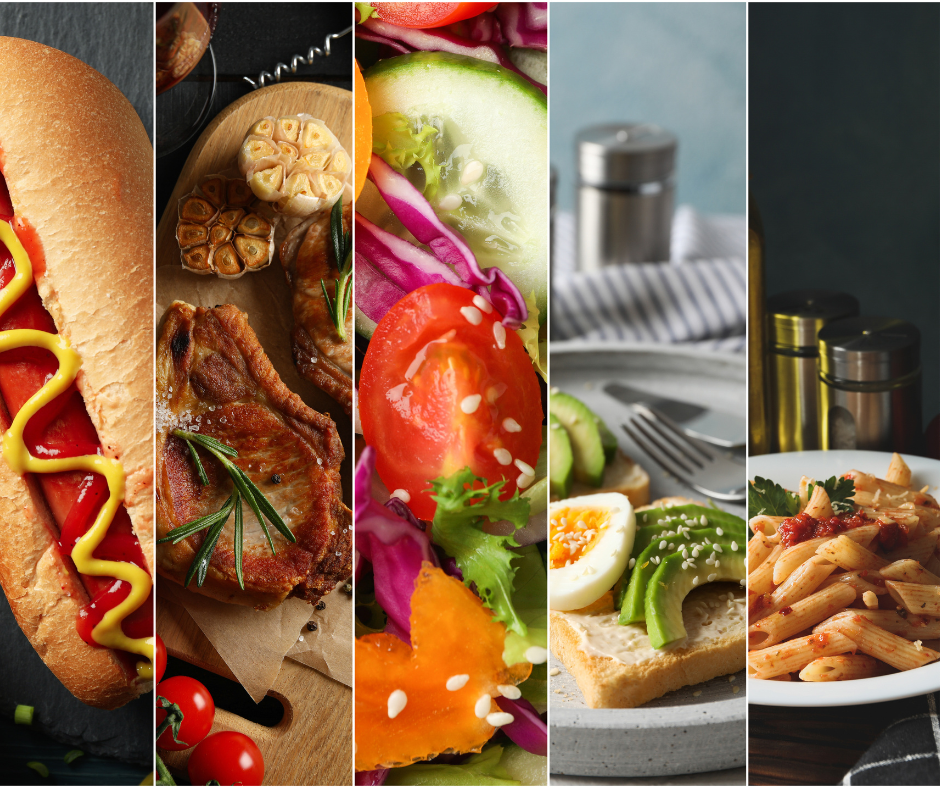 A range of healthy food including hotdogs, meat, salad, egg and avocado toast and pasta