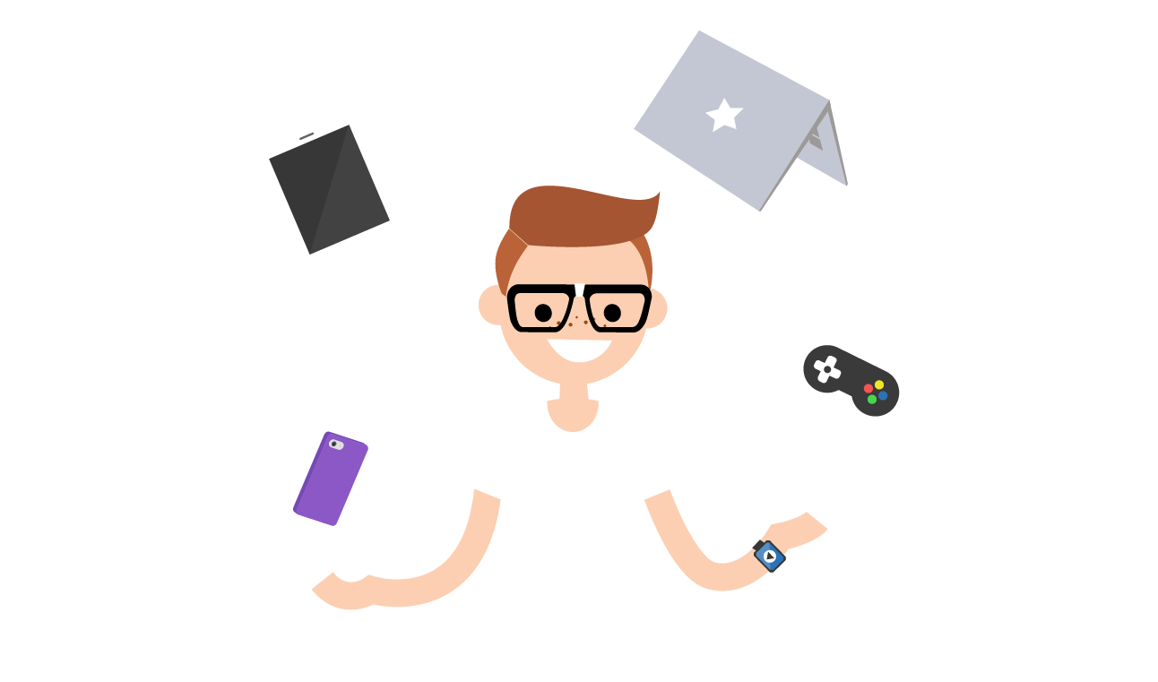 Boy juggling electronic devices